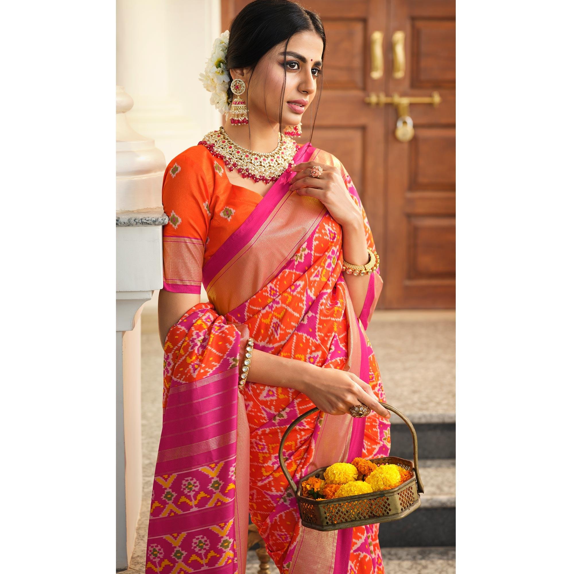 Orange Festive Wear Printed Patola Bhagalpuri Silk Saree - Peachmode