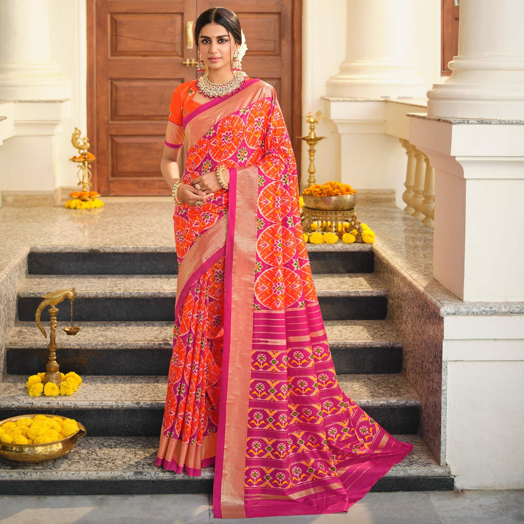 Orange Festive Wear Printed Patola Bhagalpuri Silk Saree - Peachmode