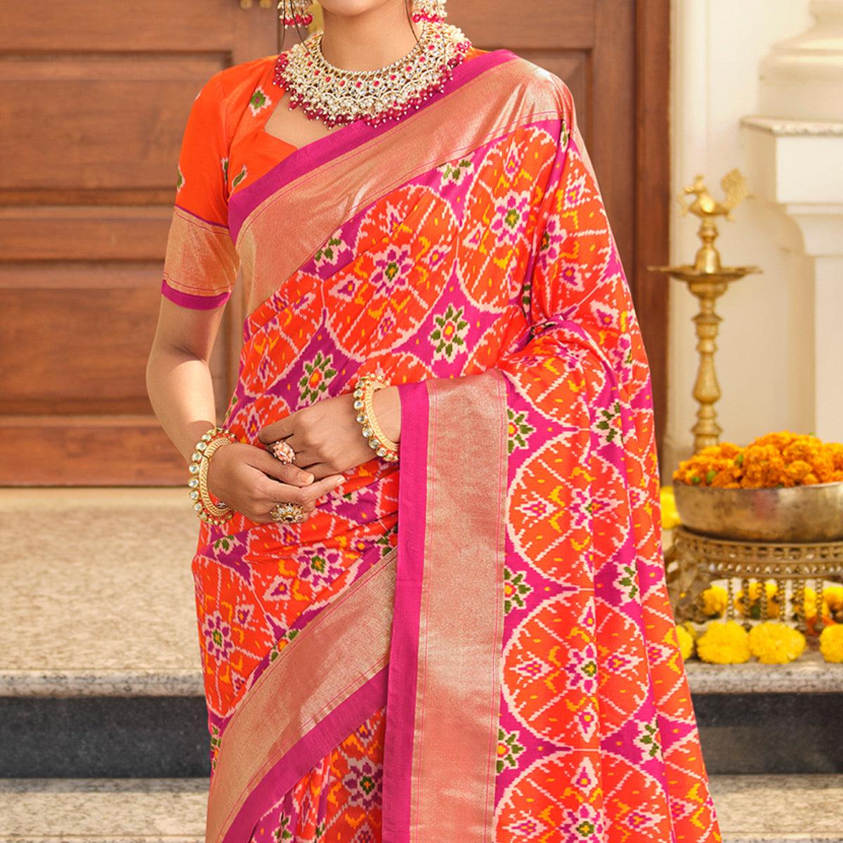 Orange Festive Wear Printed Patola Bhagalpuri Silk Saree - Peachmode