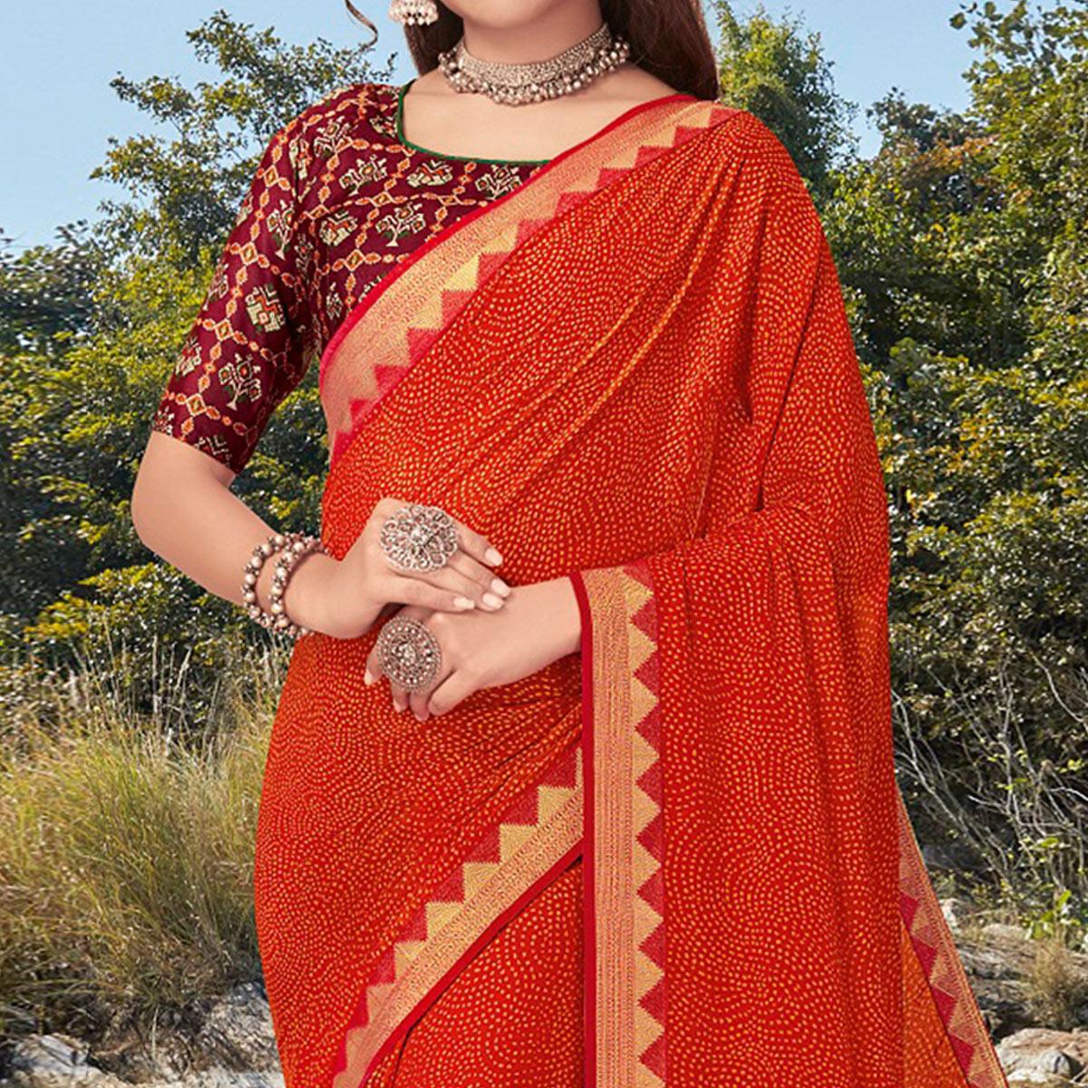 Orange Festive Wear Printed Silk Saree - Peachmode