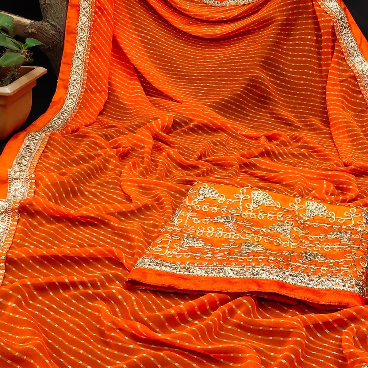Orange Festive Wear Printed With Lace Border Georgette Saree - Peachmode
