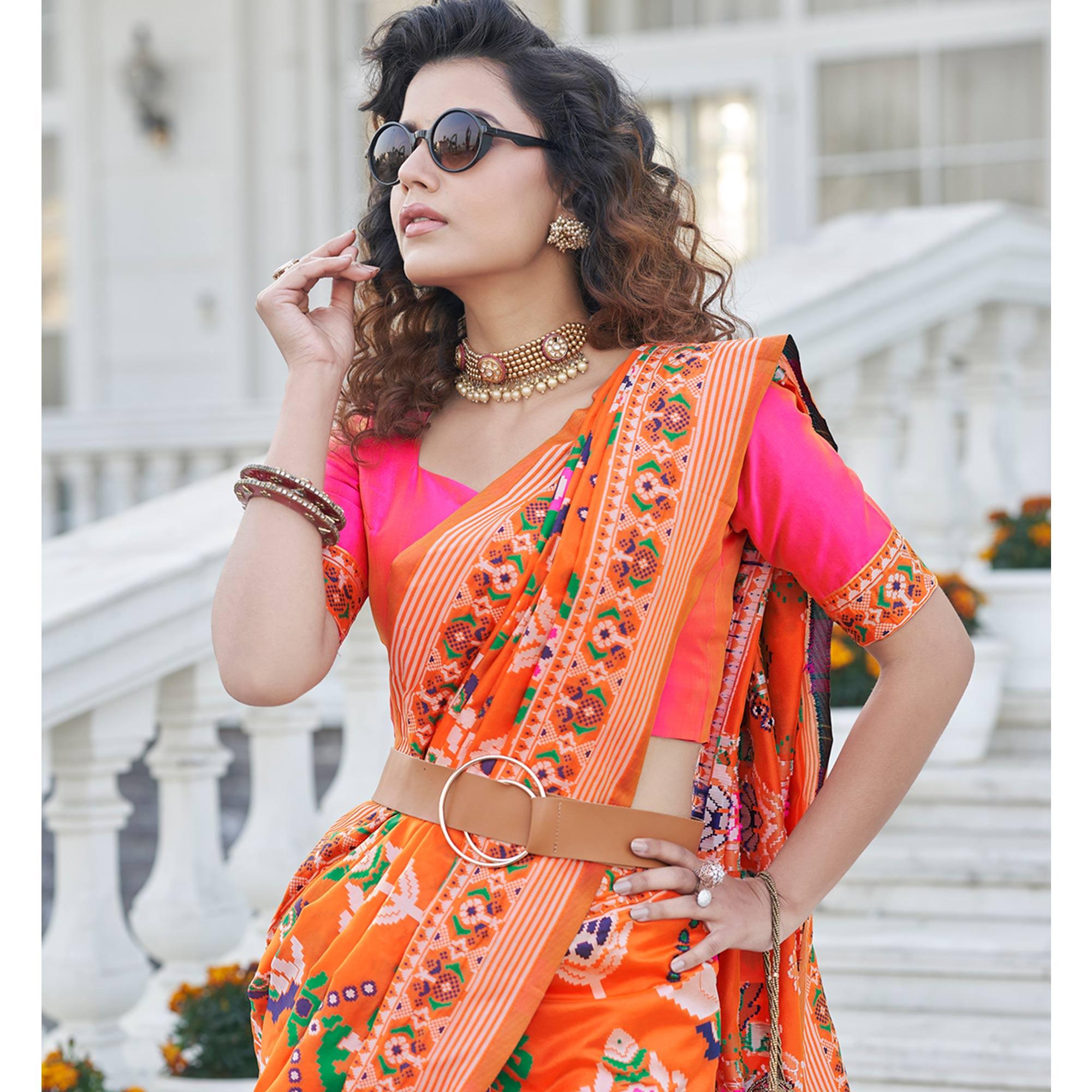Orange Festive Wear Printed With Weaving Patola Silk Saree - Peachmode