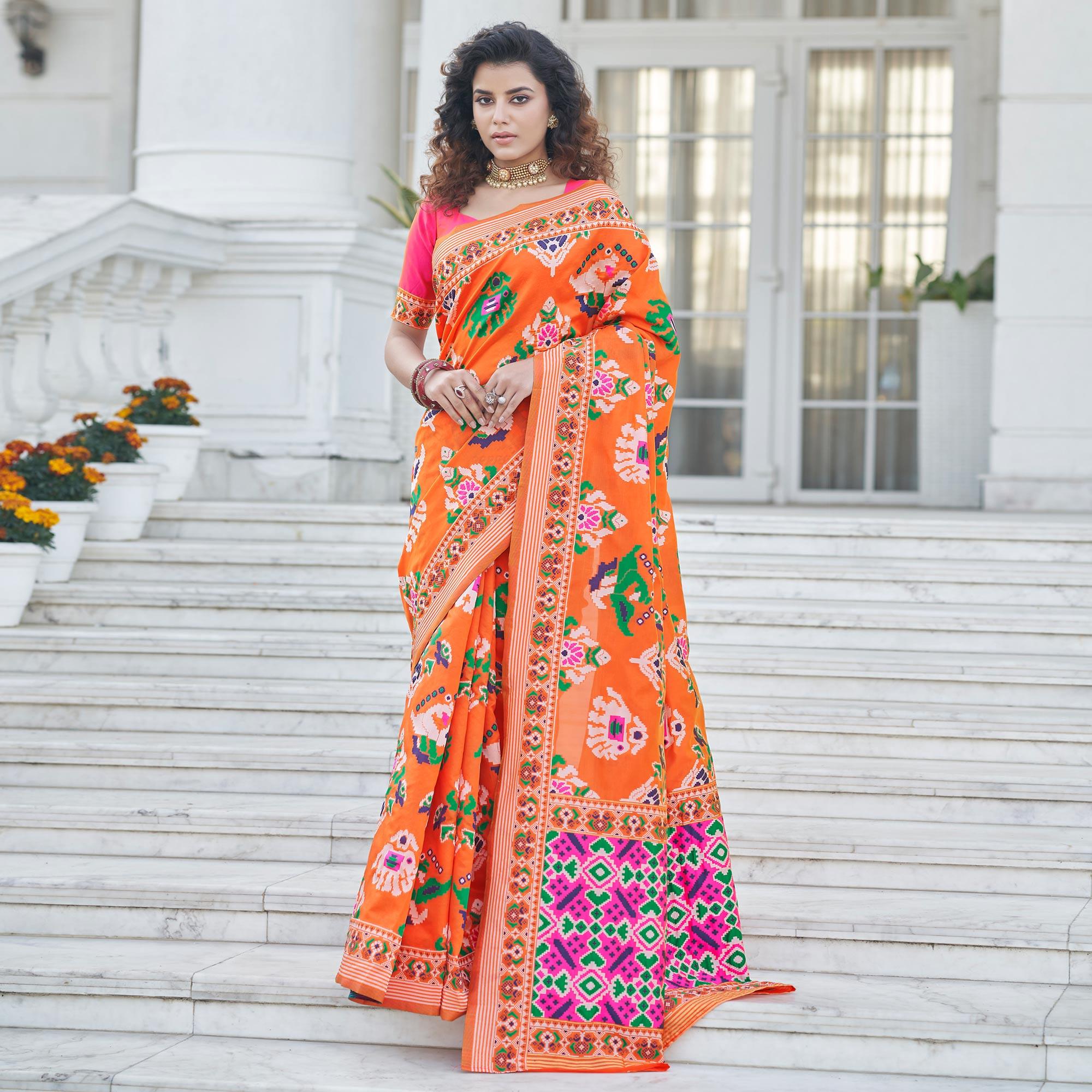 Orange Festive Wear Printed With Weaving Patola Silk Saree - Peachmode