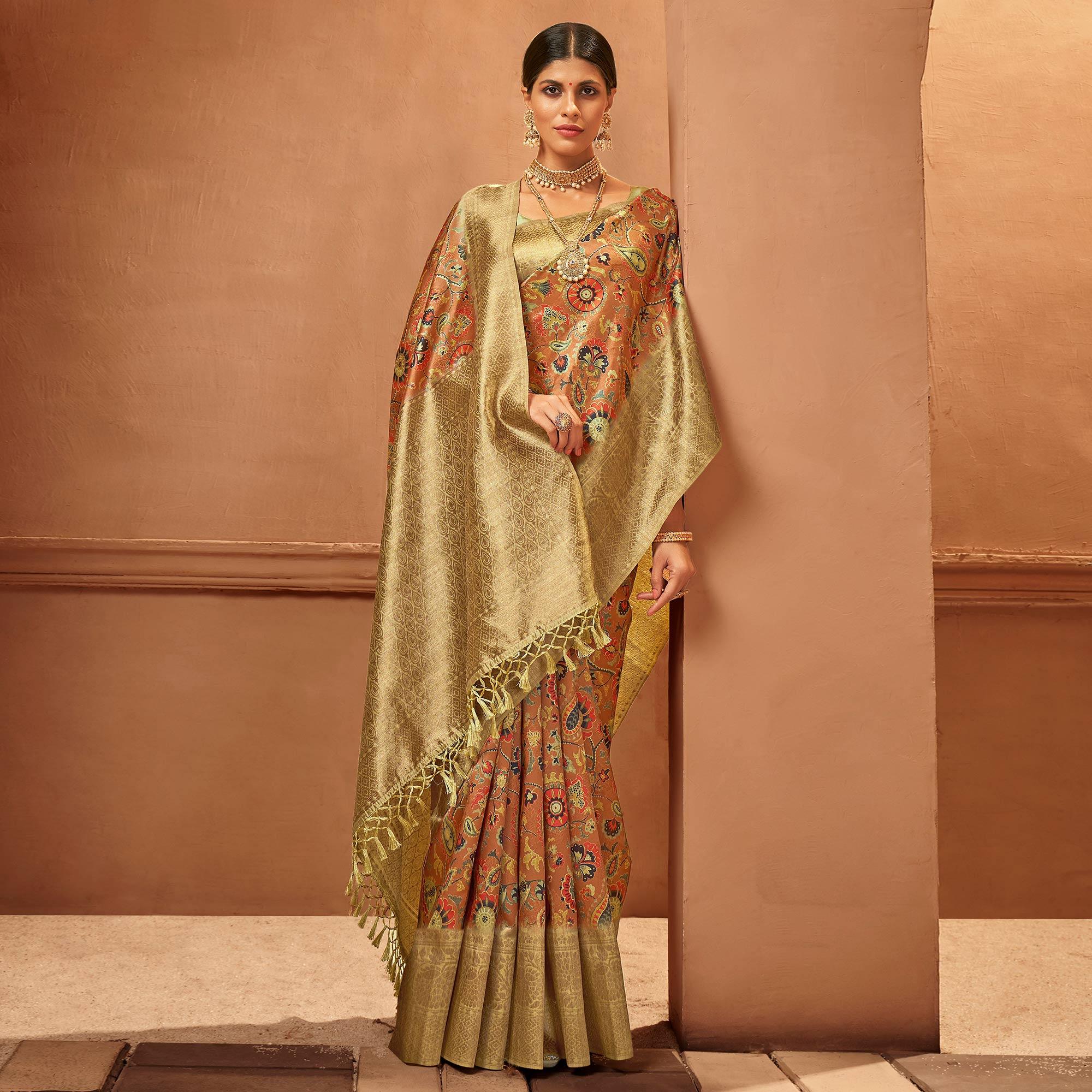 Orange Festive Wear Pure Digital Prints Jacquard Silk Saree - Peachmode