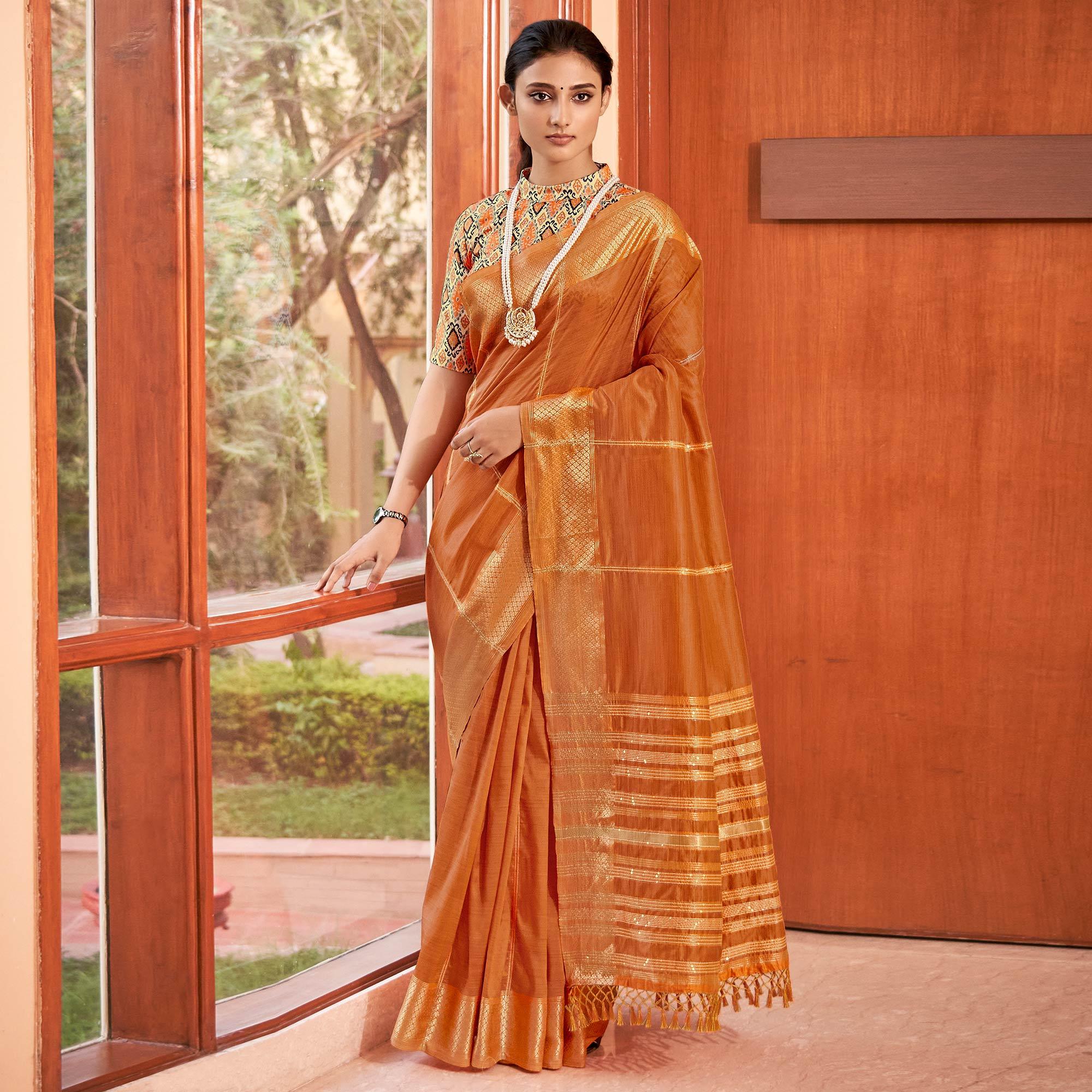 Orange Festive Wear Sequence Digital Work Silk Saree - Peachmode