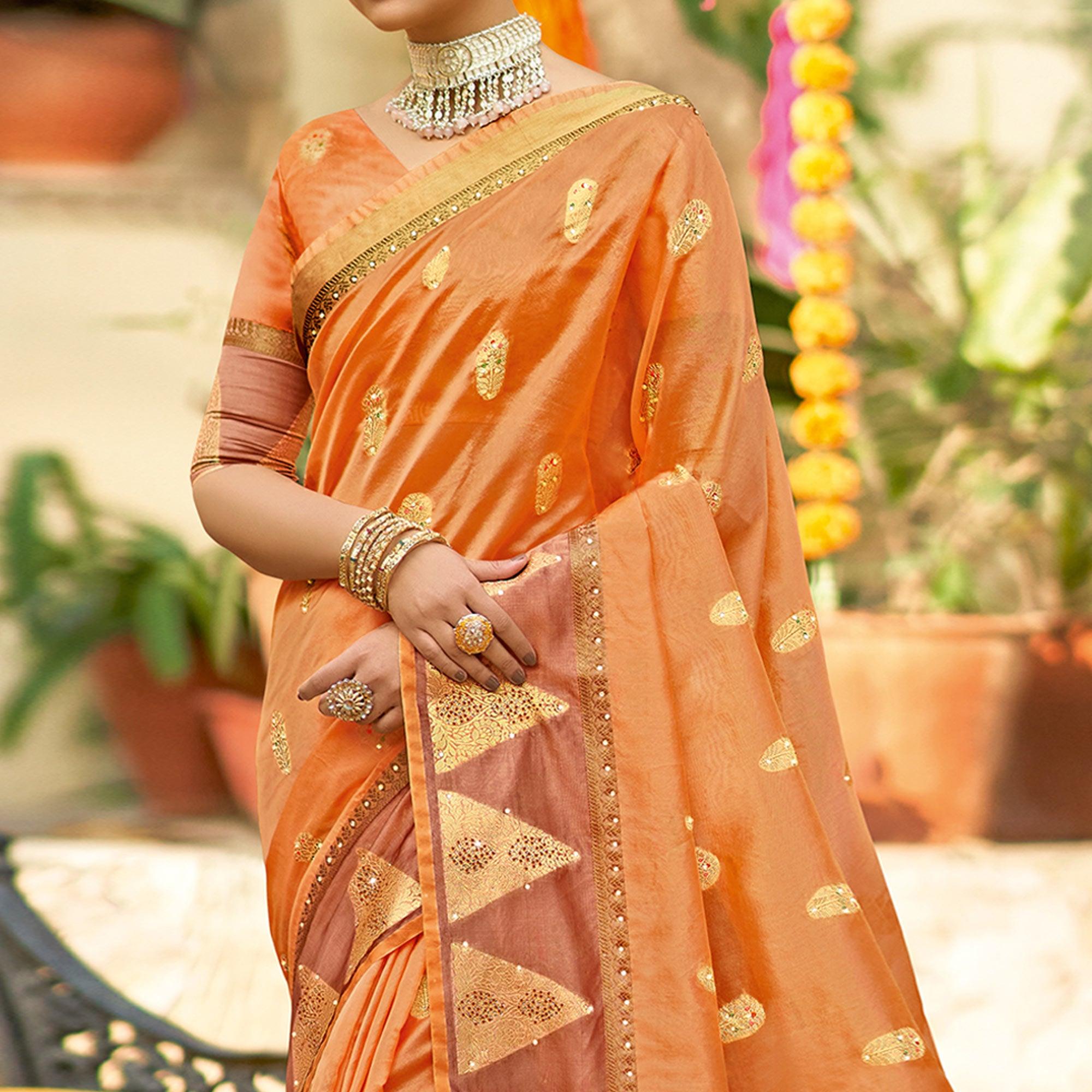 Orange Festive Wear Sequence Embroidered Organza Saree - Peachmode