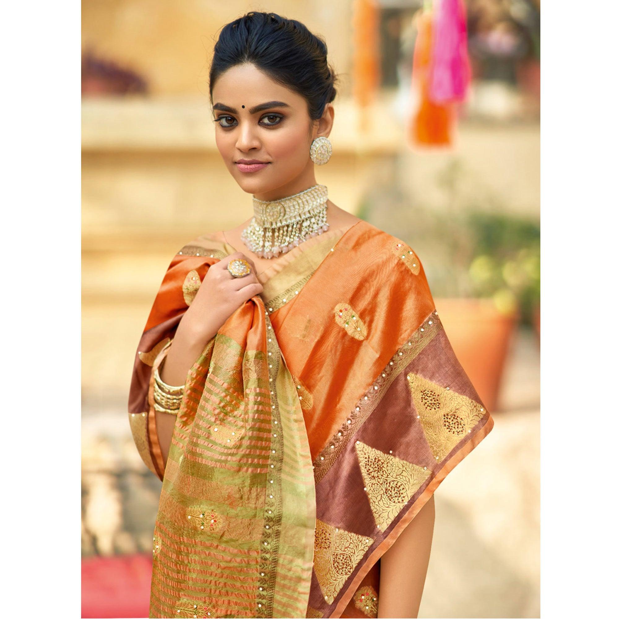 Orange Festive Wear Sequence Embroidered Organza Saree - Peachmode