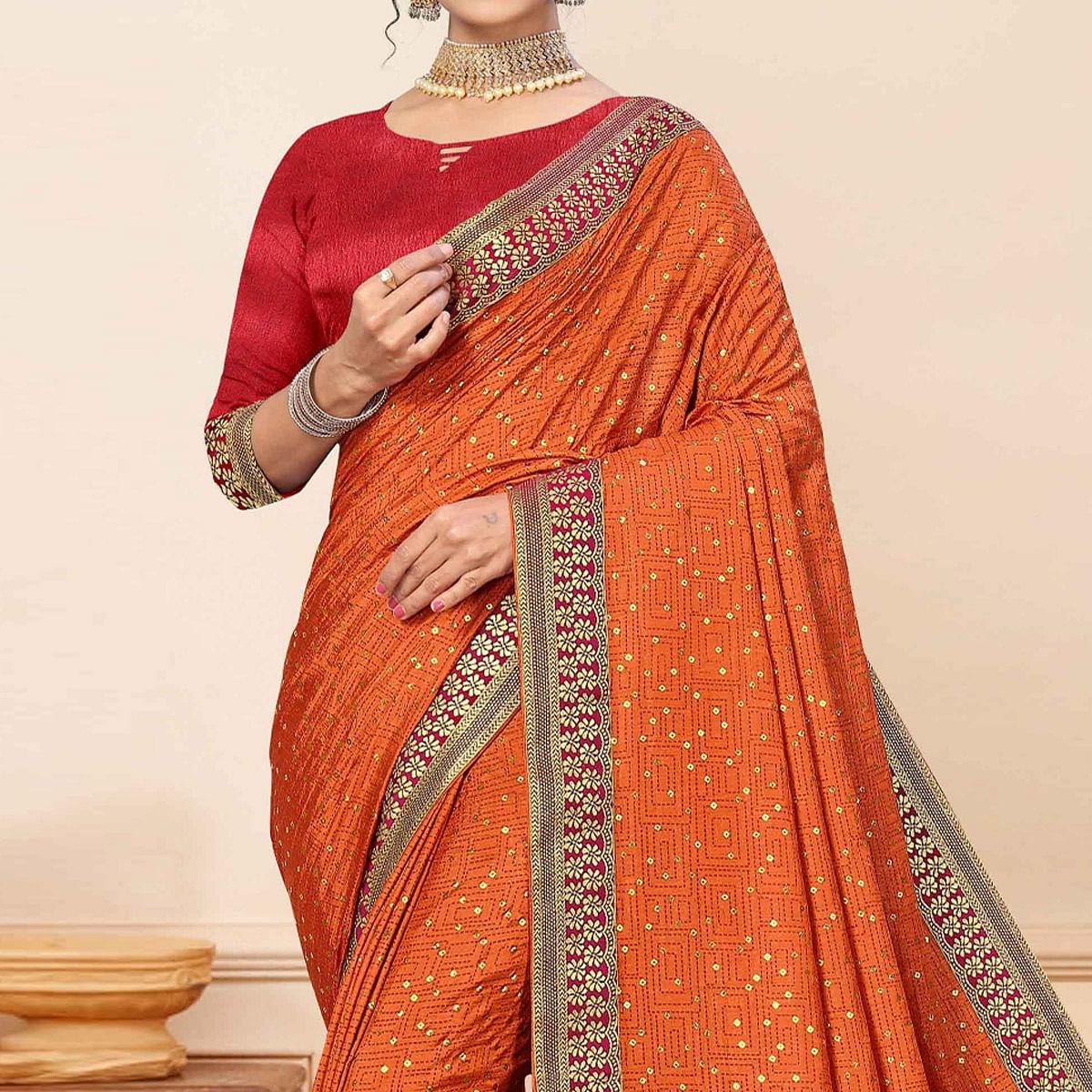 Orange Festive Wear Sequence Embroidered Vichitra Silk Saree - Peachmode