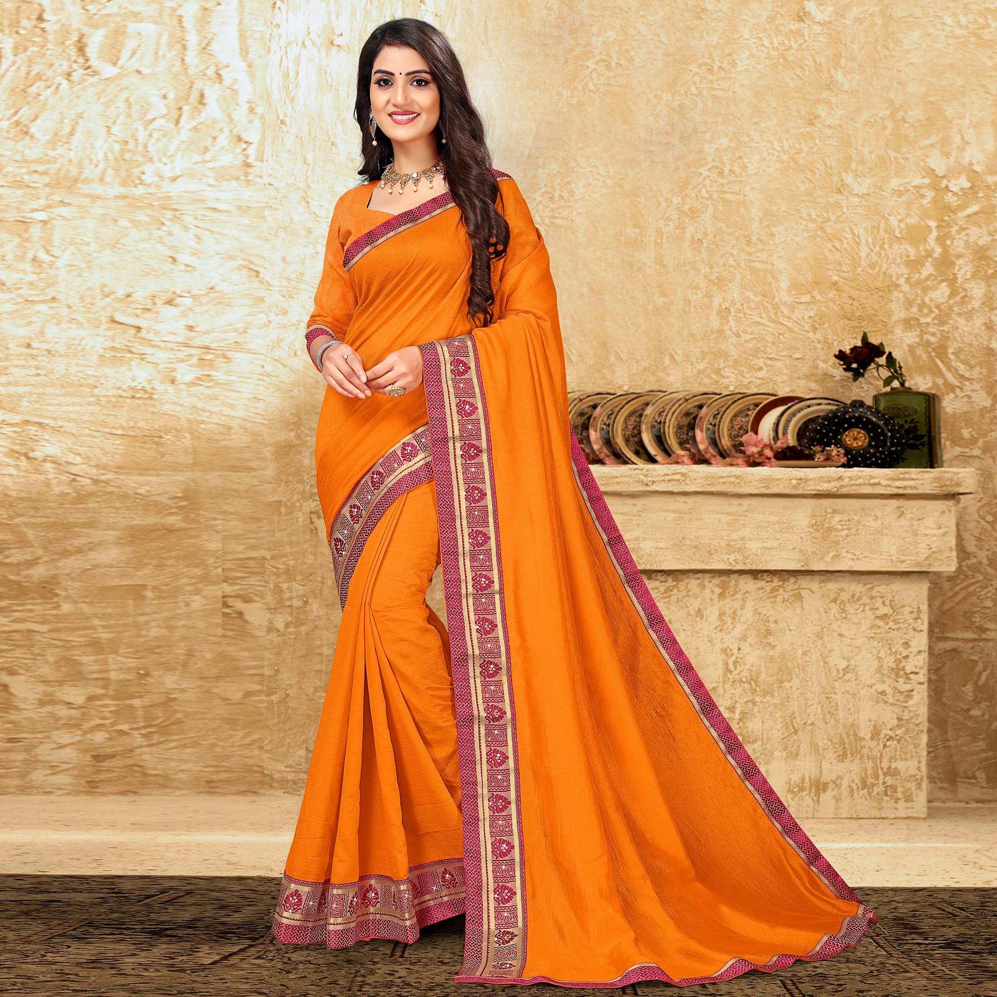 Orange Festive Wear Solid Vichitra Silk Saree - Peachmode