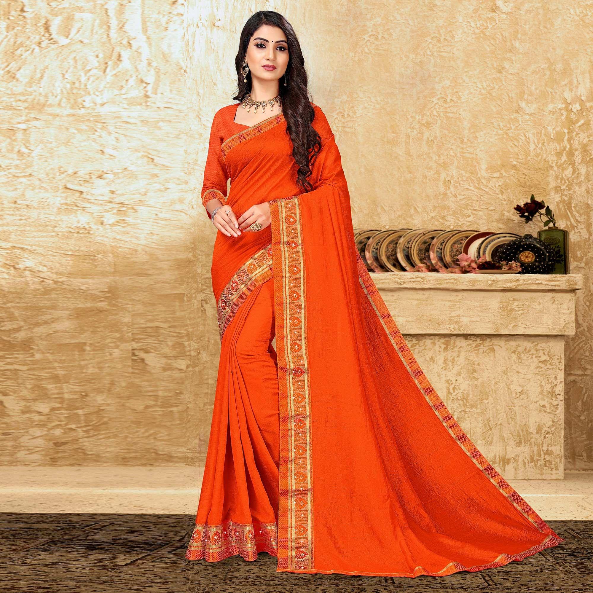 Orange Festive Wear Solid Vichitra Silk Saree - Peachmode