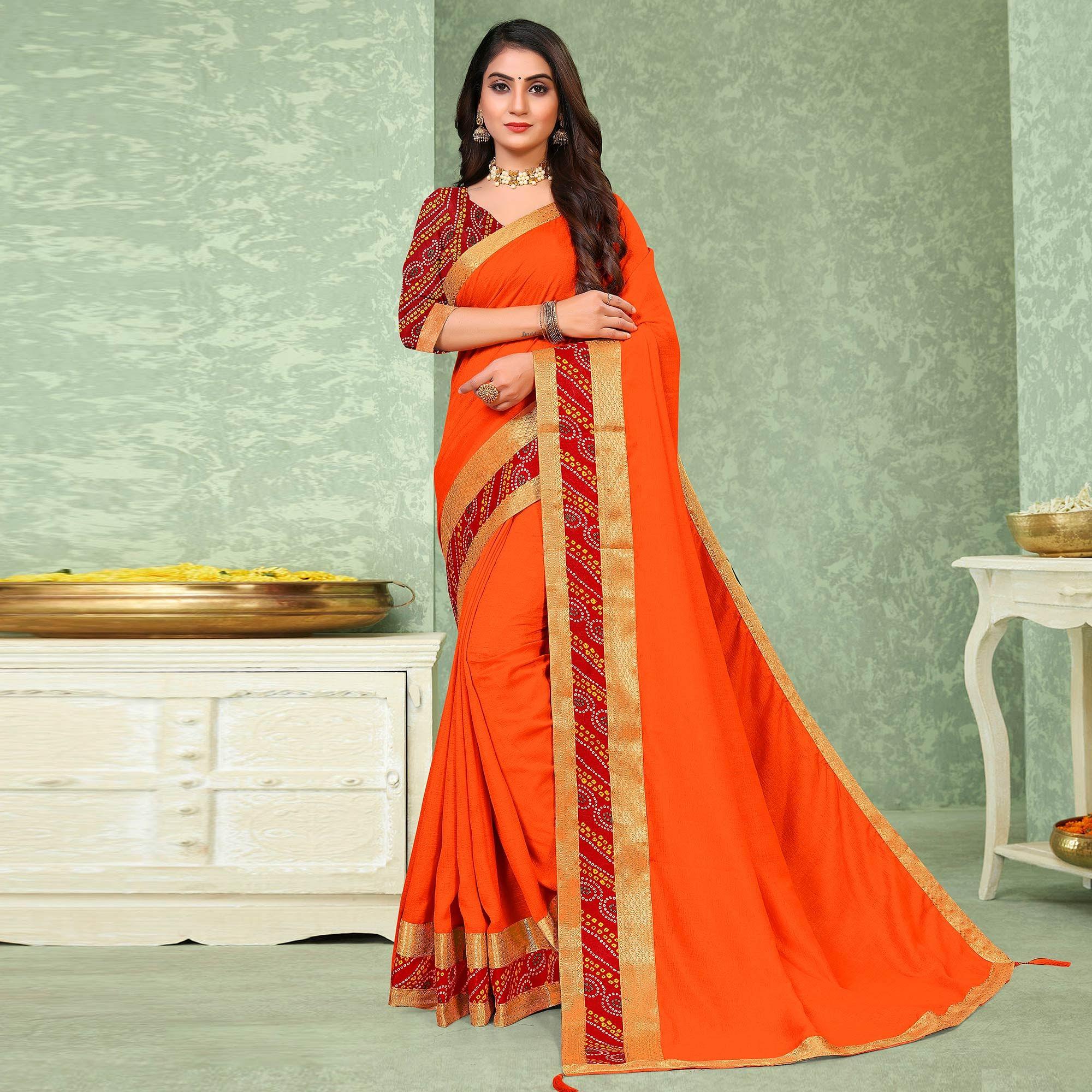 Orange Festive Wear Solid Vichitra Silk Saree - Peachmode