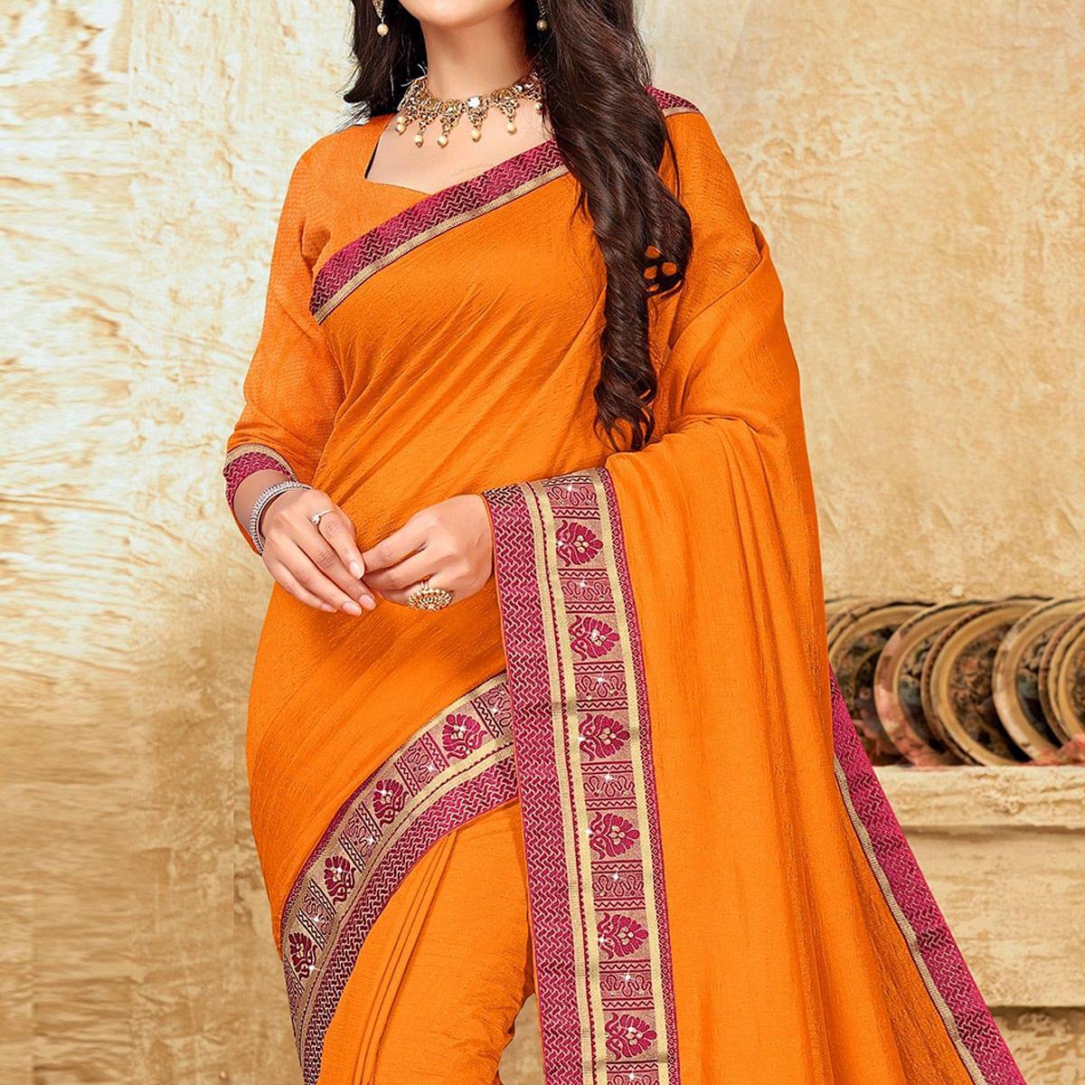 Orange Festive Wear Solid Vichitra Silk Saree - Peachmode