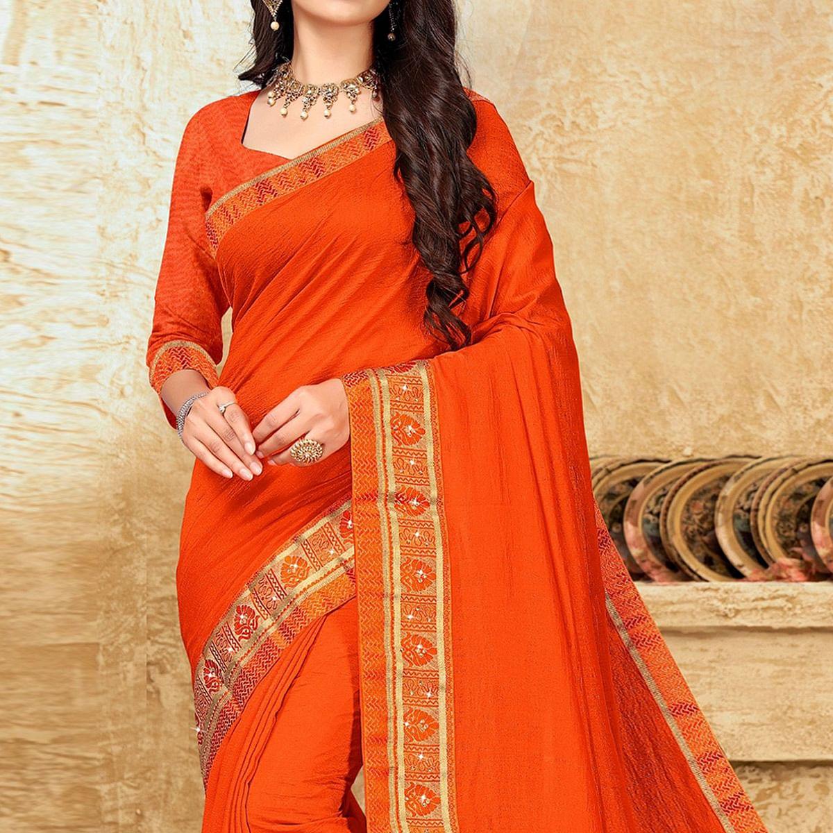 Orange Festive Wear Solid Vichitra Silk Saree - Peachmode