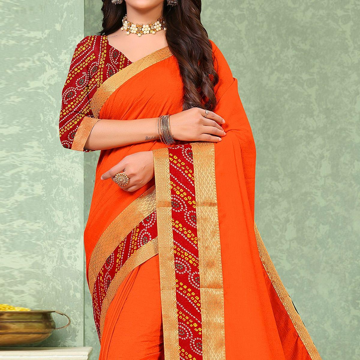 Orange Festive Wear Solid Vichitra Silk Saree - Peachmode