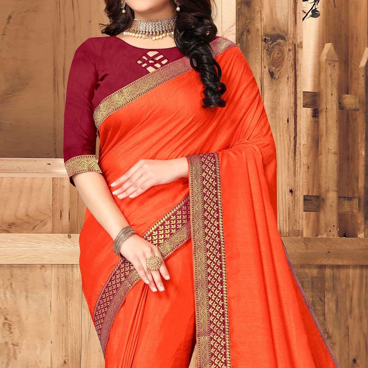 Orange Festive Wear Solid Vichitra Silk Saree - Peachmode
