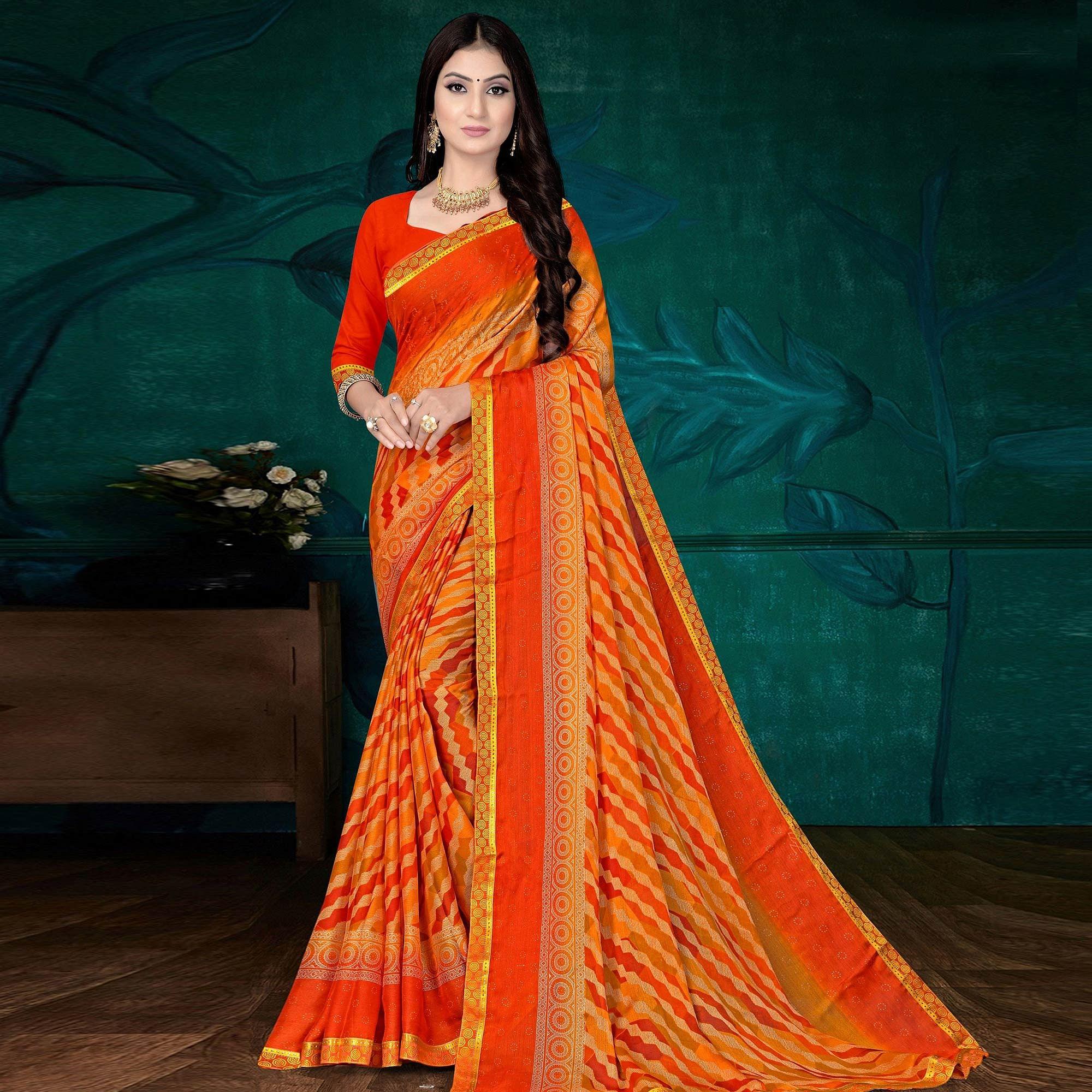 Orange Festive Wear Stripes Printed Work Chiffon Designer Saree - Peachmode