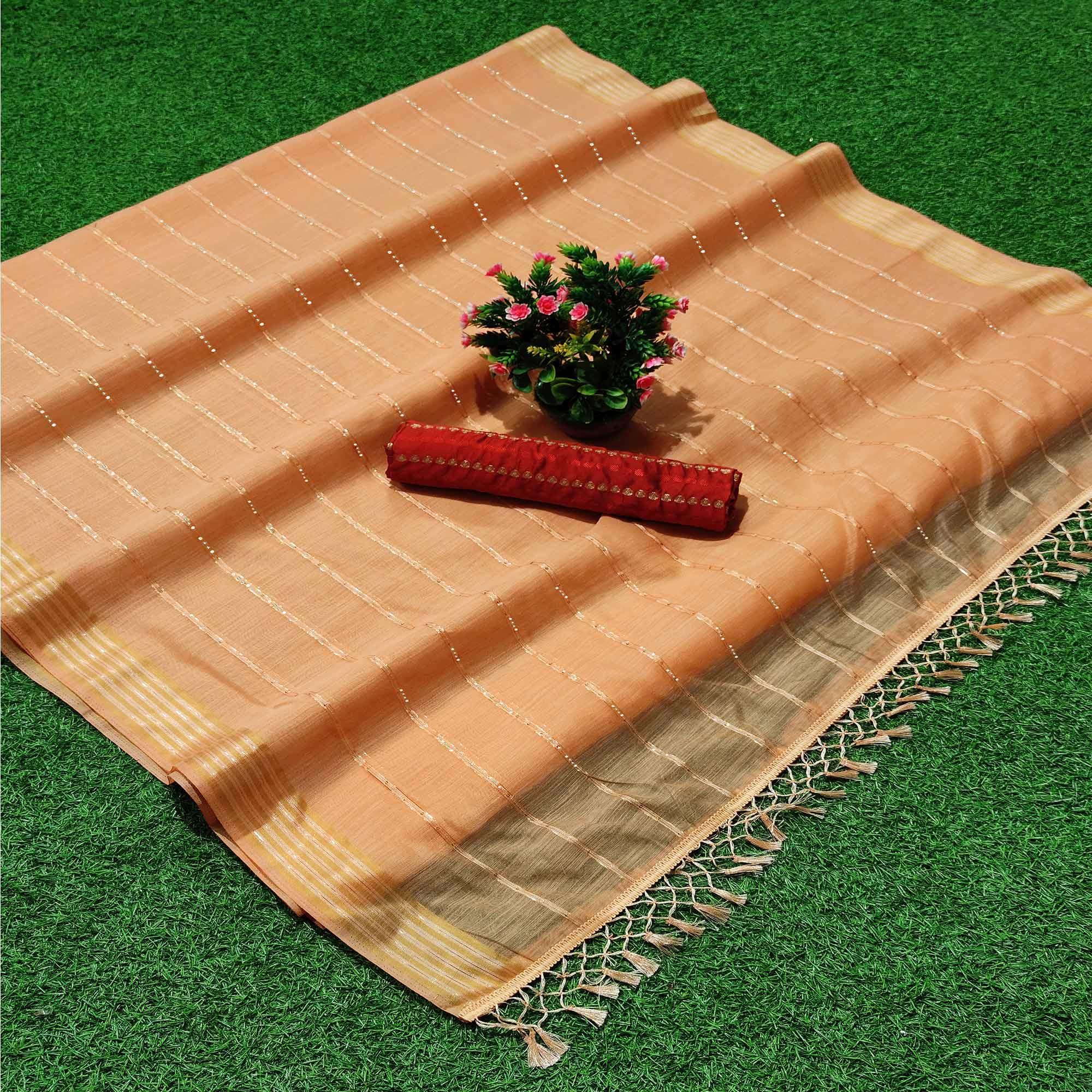 Orange Festive Wear Stripes With Sequence Woven Work Cotton Saree - Peachmode