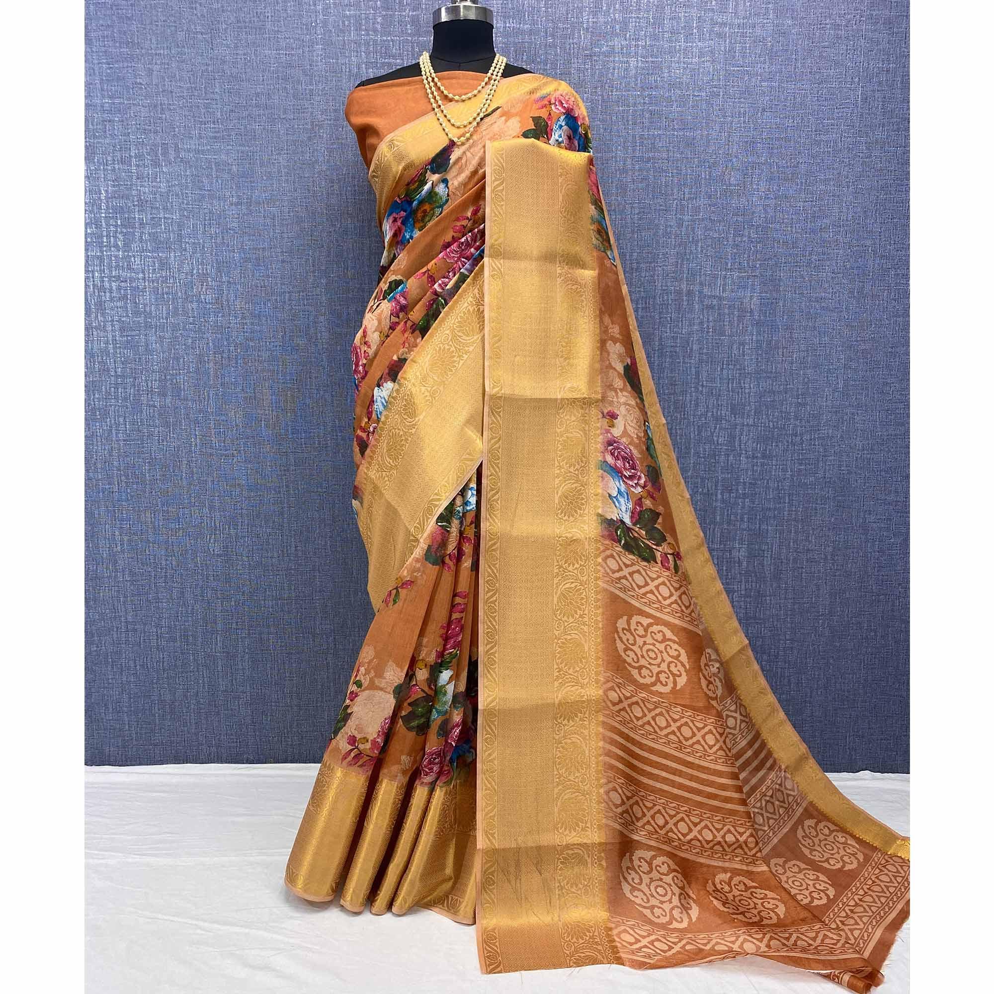 Orange Festive Wear Woven & Printed Chanderi Silk Saree - Peachmode