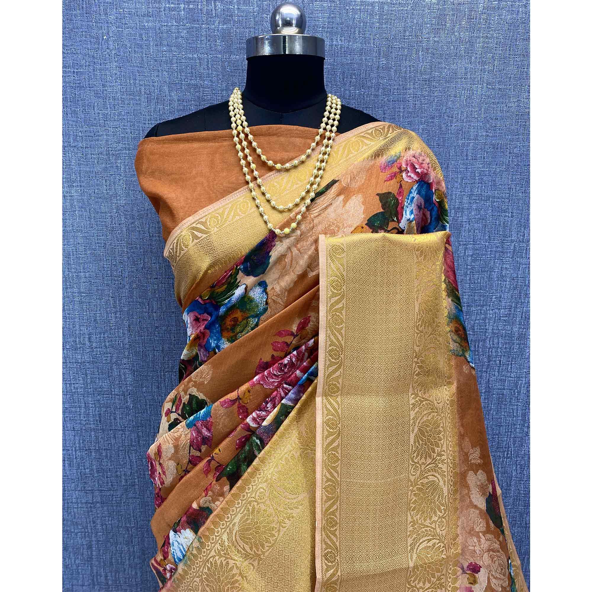 Orange Festive Wear Woven & Printed Chanderi Silk Saree - Peachmode