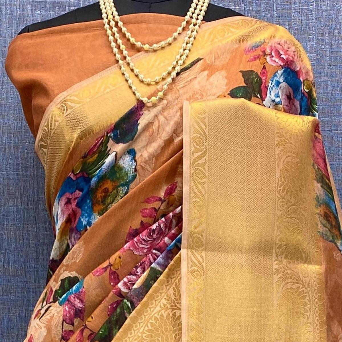 Orange Festive Wear Woven & Printed Chanderi Silk Saree - Peachmode