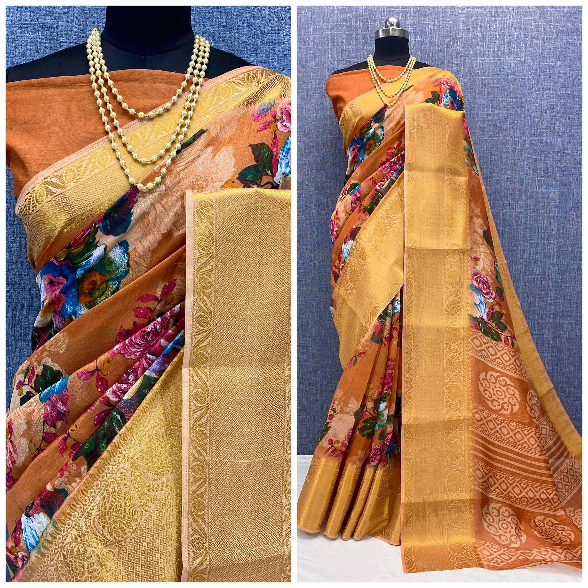 Orange Festive Wear Woven & Printed Chanderi Silk Saree - Peachmode