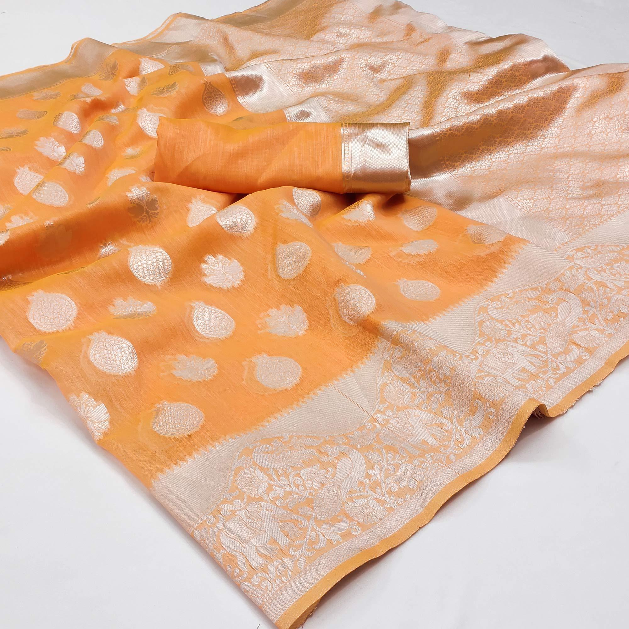Orange Festive Wear Woven Banarasi Saree - Peachmode