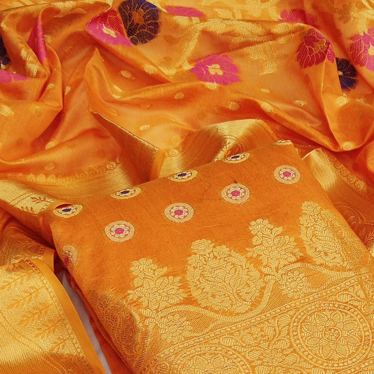 Orange Festive Wear Woven Banarasi Silk Dress Material - Peachmode