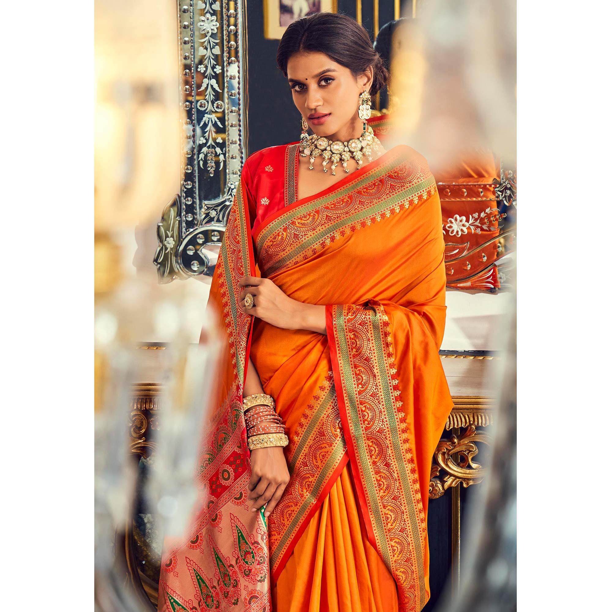 Orange Festive Wear Woven Banarasi Silk Paithani Saree - Peachmode