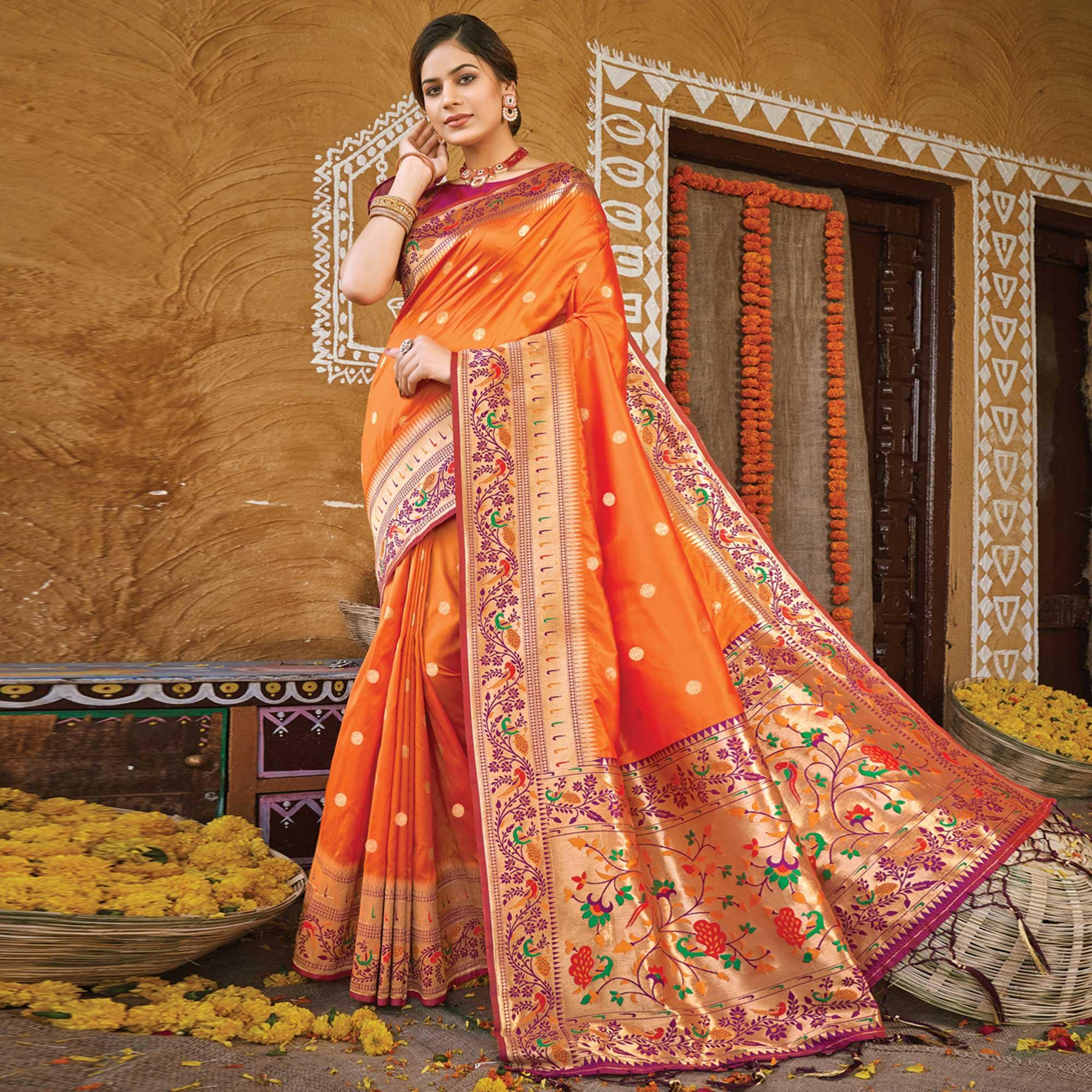 Orange Festive Wear Woven Banarasi Silk Paithani Saree With Tassels - Peachmode