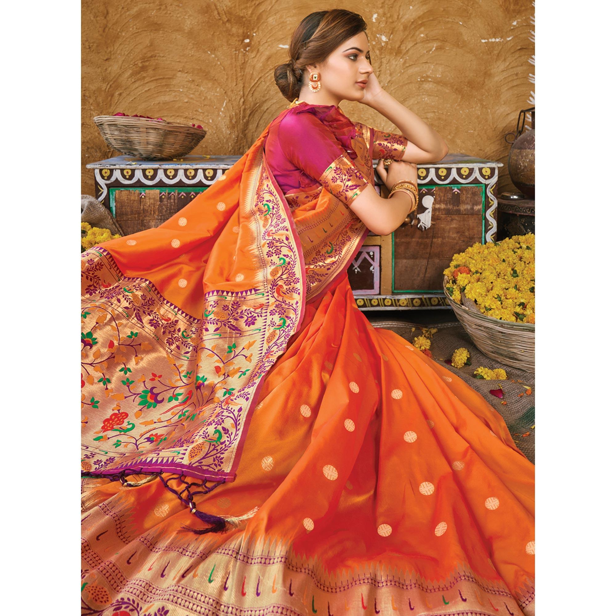 Orange Festive Wear Woven Banarasi Silk Paithani Saree With Tassels - Peachmode