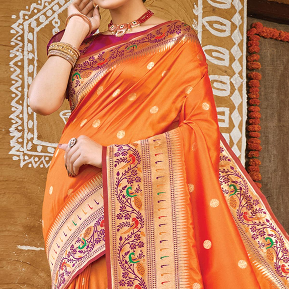 Orange Festive Wear Woven Banarasi Silk Paithani Saree With Tassels - Peachmode