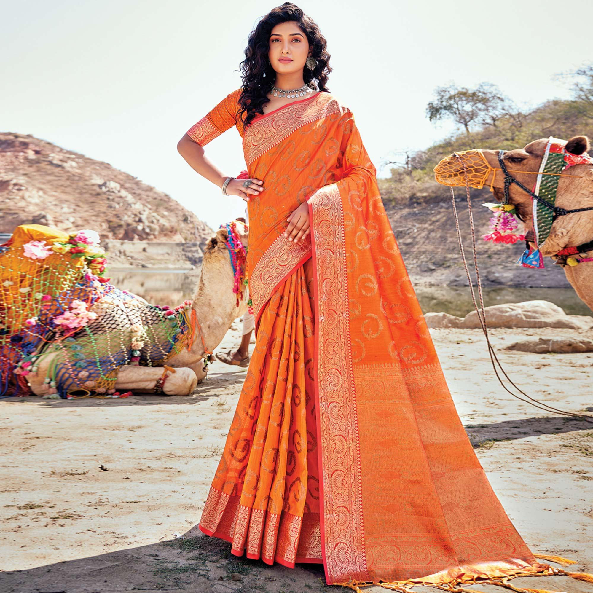 Orange Festive Wear Woven Banarasi Silk Saree - Peachmode