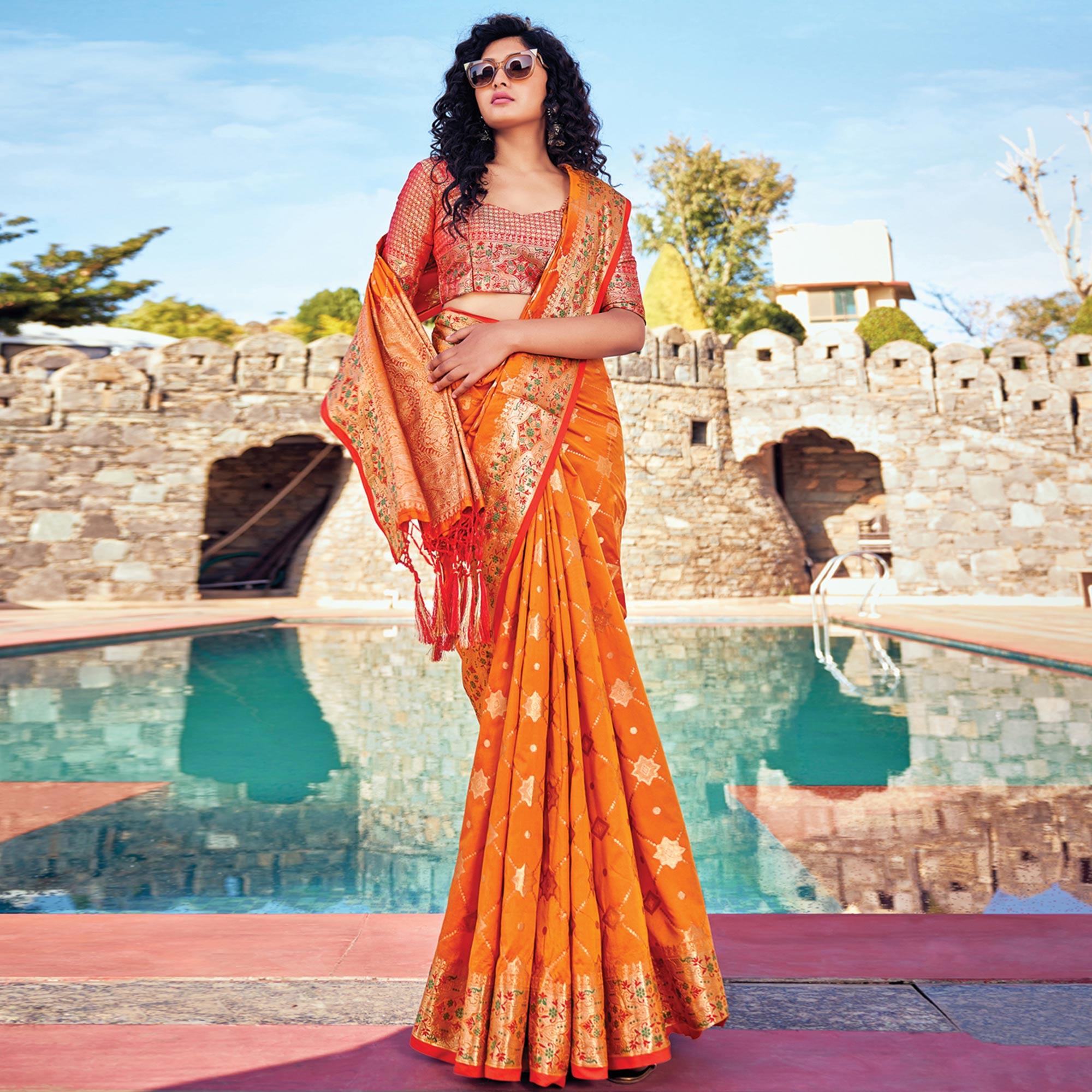 Orange Festive Wear Woven Banarasi Silk Saree - Peachmode