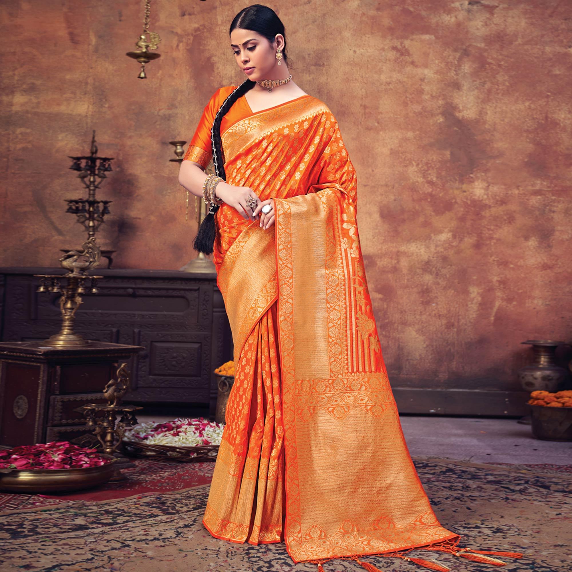 Orange Festive Wear Woven Banarasi Silk Saree - Peachmode