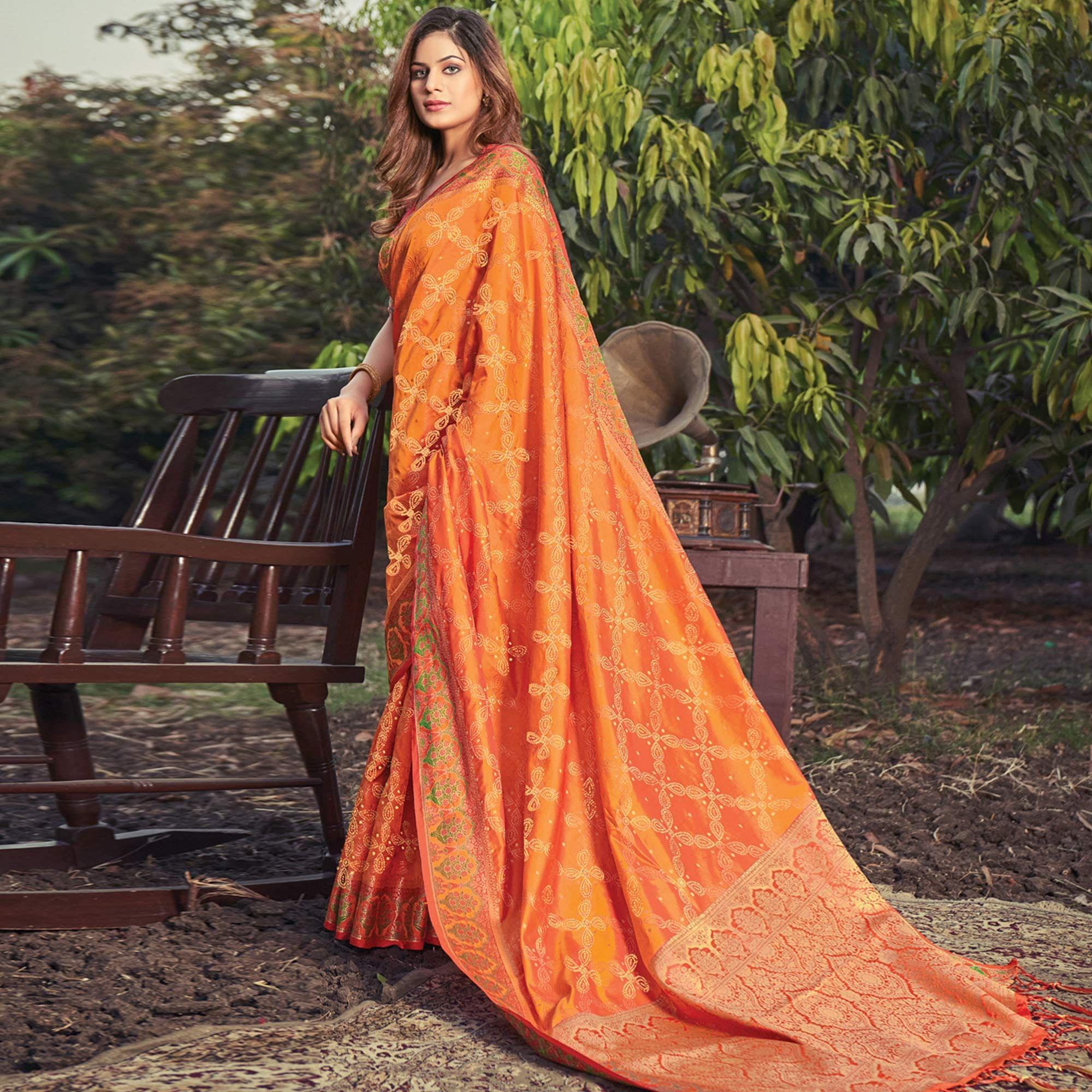 Orange Festive Wear Woven Banarasi Silk Saree - Peachmode