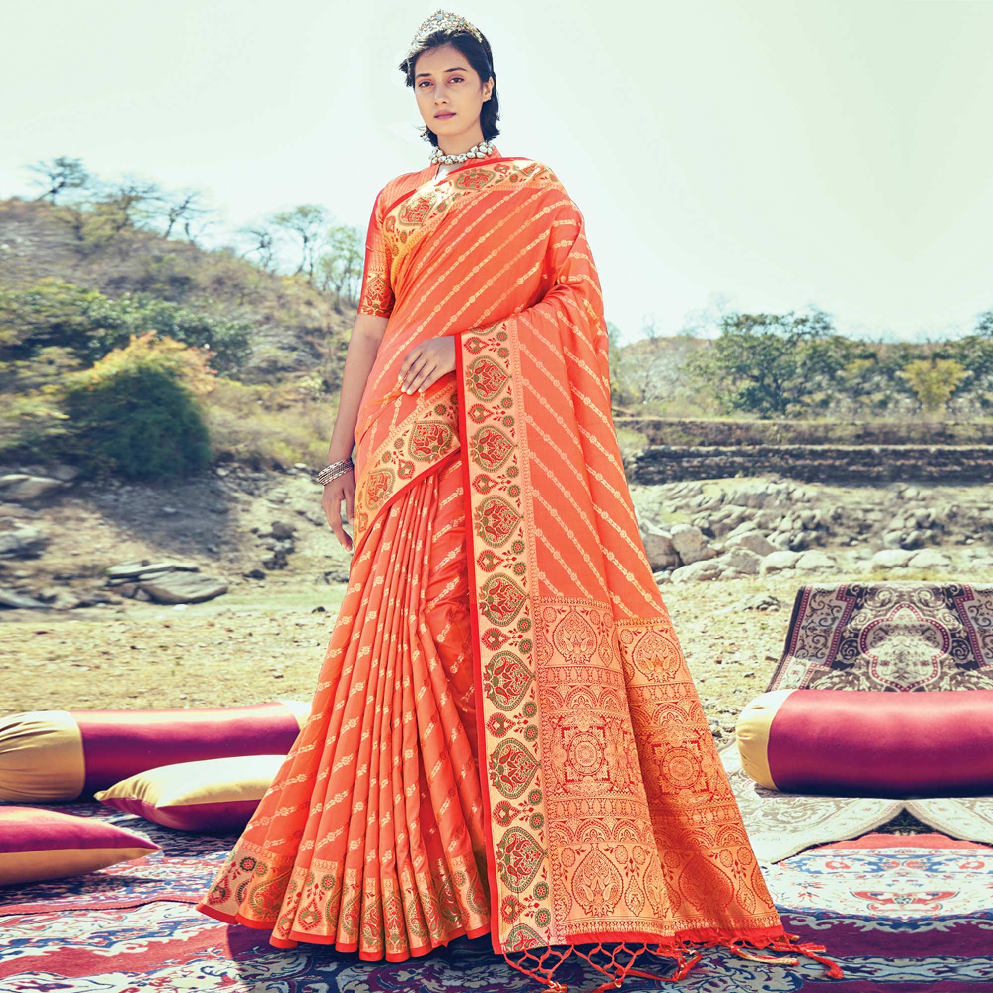 Orange Festive Wear Woven Banarasi Silk Saree - Peachmode