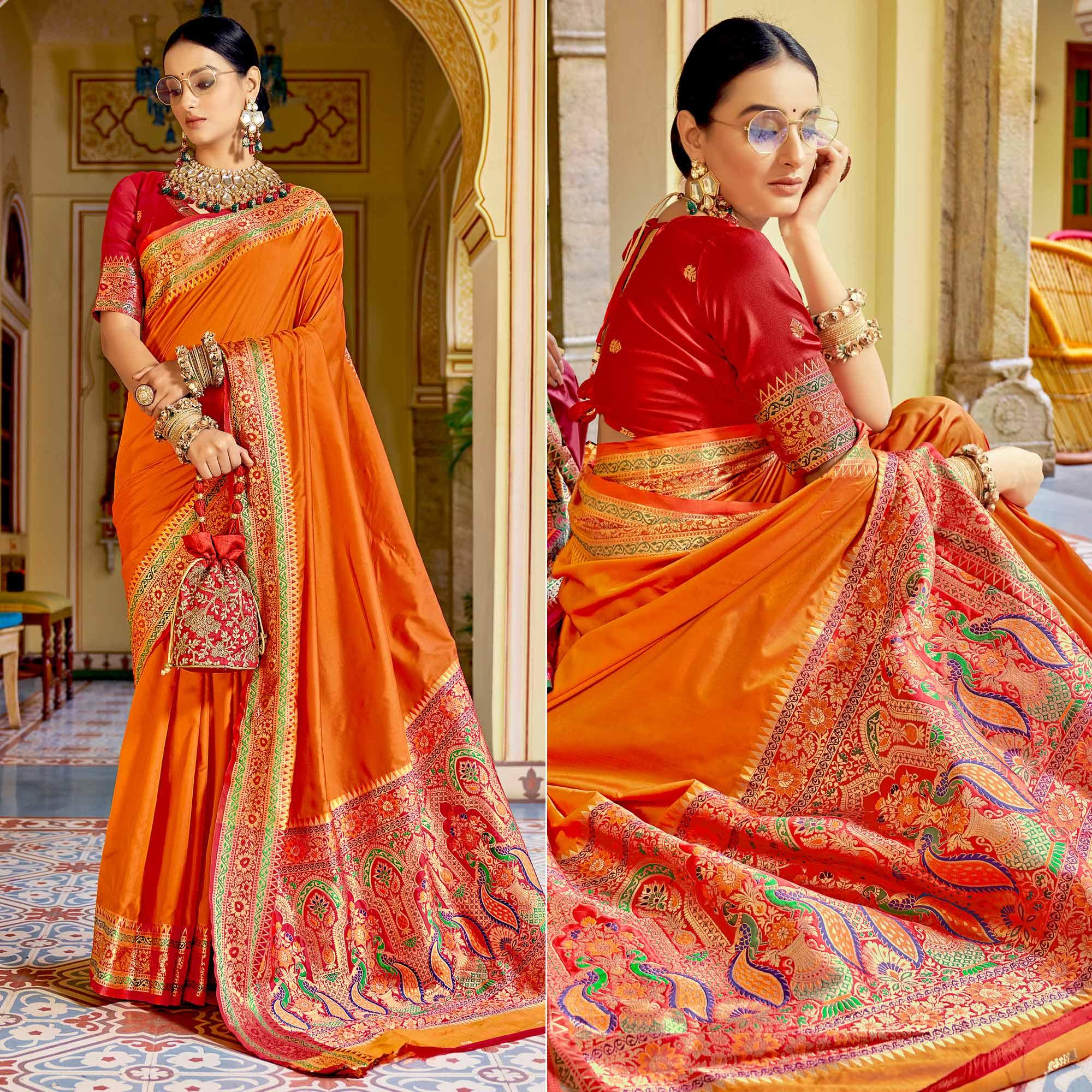 Orange Festive Wear Woven Banarasi Silk Saree - Peachmode