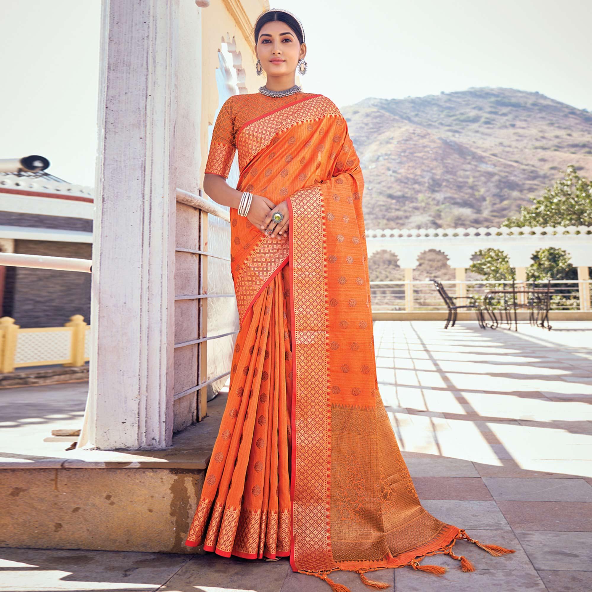 Orange Festive Wear Woven Banarasi Silk Saree - Peachmode