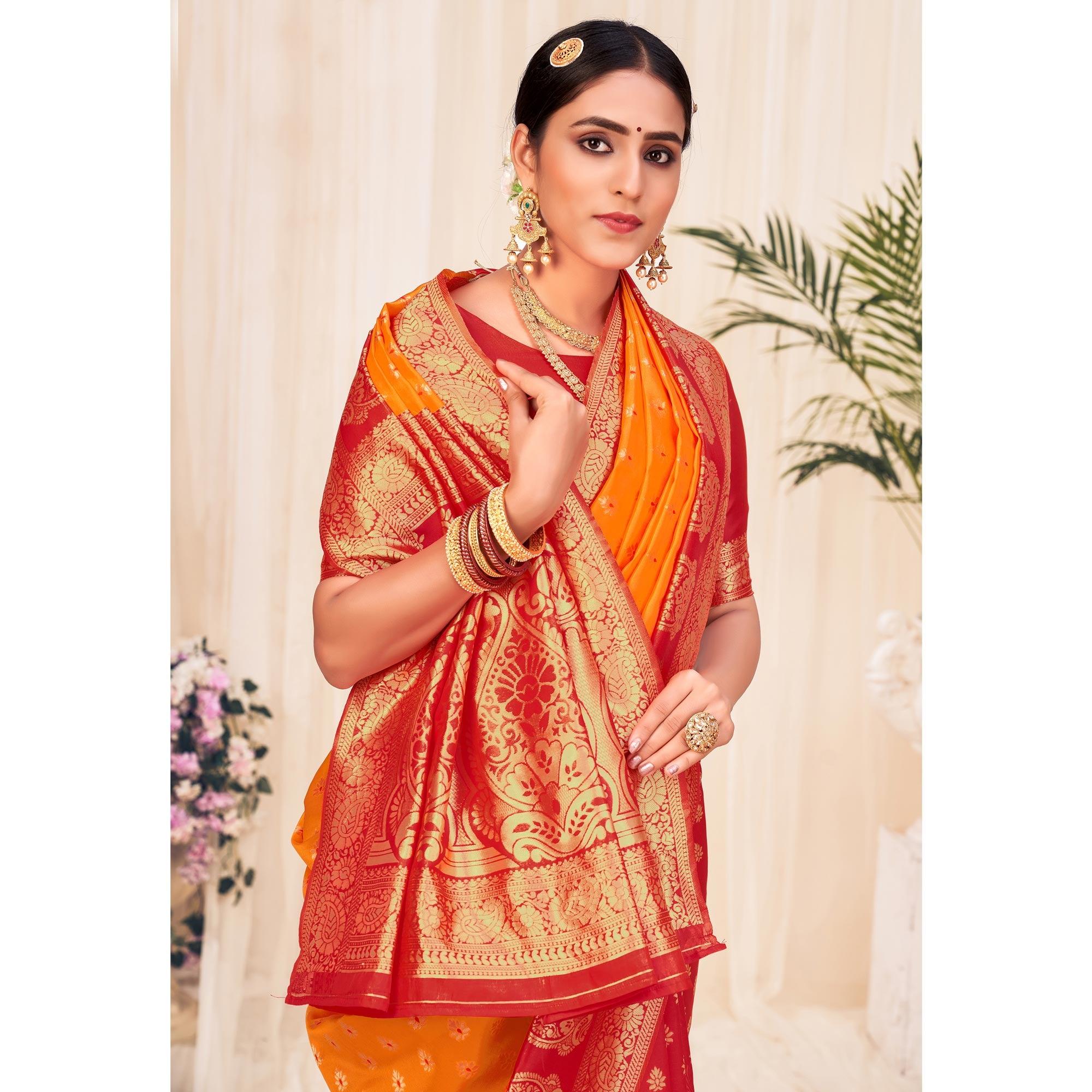 Orange Festive Wear Woven Banarasi Silk Saree - Peachmode