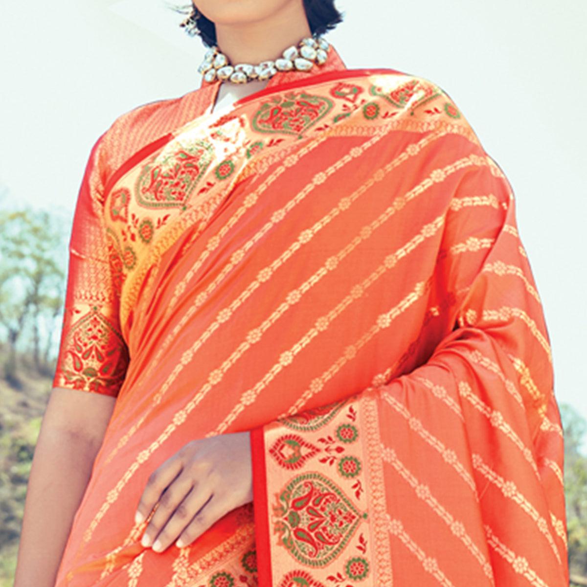 Orange Festive Wear Woven Banarasi Silk Saree - Peachmode