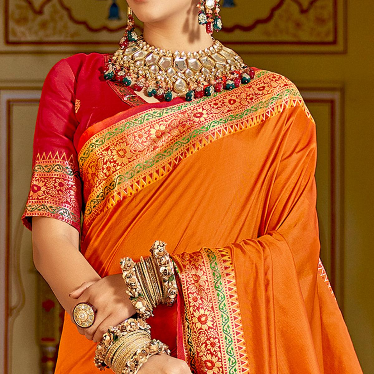 Orange Festive Wear Woven Banarasi Silk Saree - Peachmode