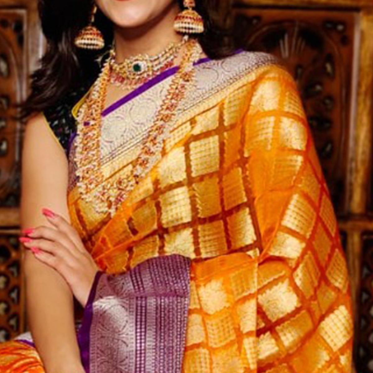 Orange Festive Wear Woven Banarasi Silk Saree - Peachmode