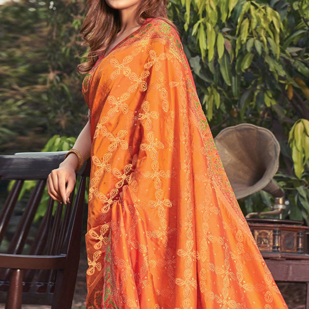 Orange Festive Wear Woven Banarasi Silk Saree - Peachmode