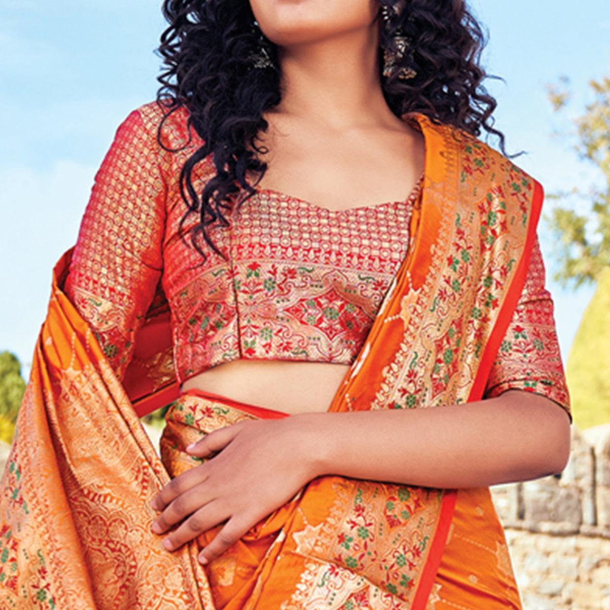 Orange Festive Wear Woven Banarasi Silk Saree - Peachmode