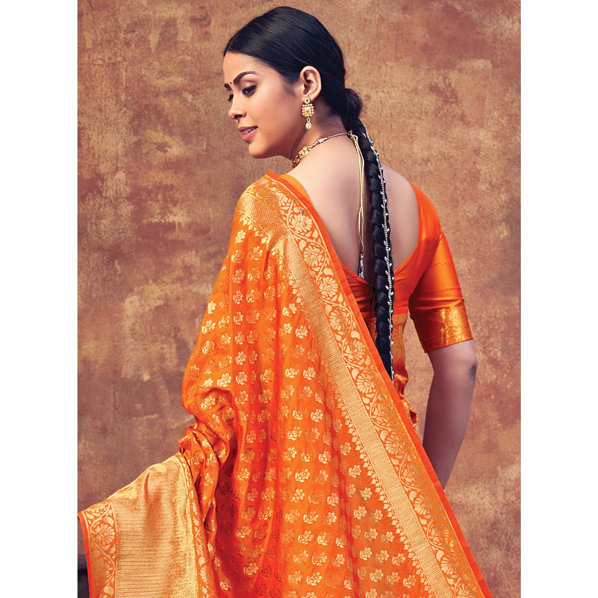 Orange Festive Wear Woven Banarasi Silk Saree - Peachmode