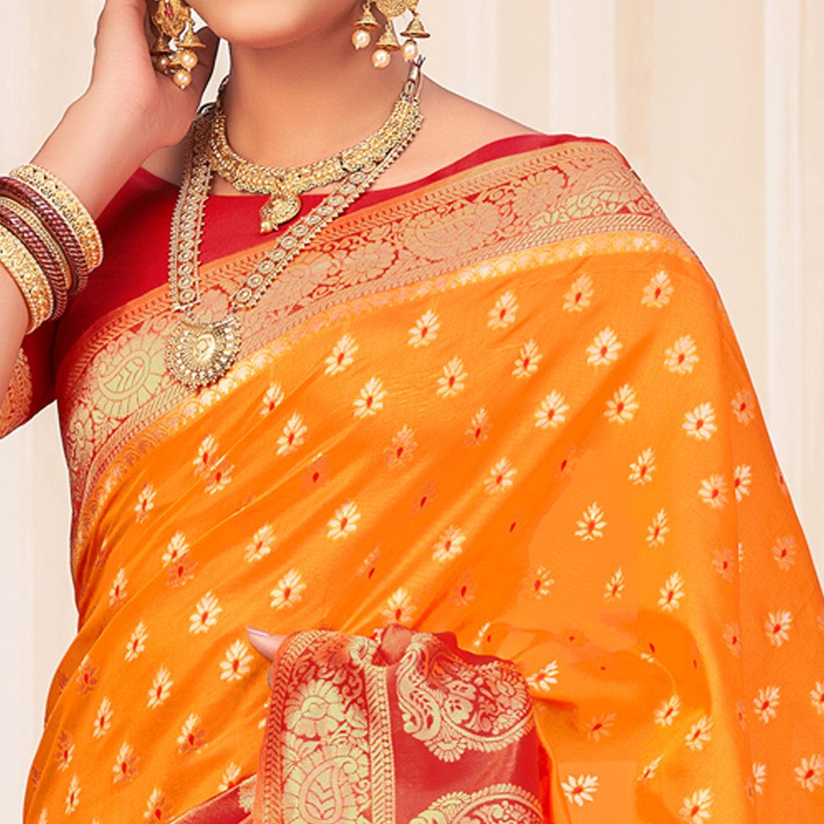 Orange Festive Wear Woven Banarasi Silk Saree - Peachmode