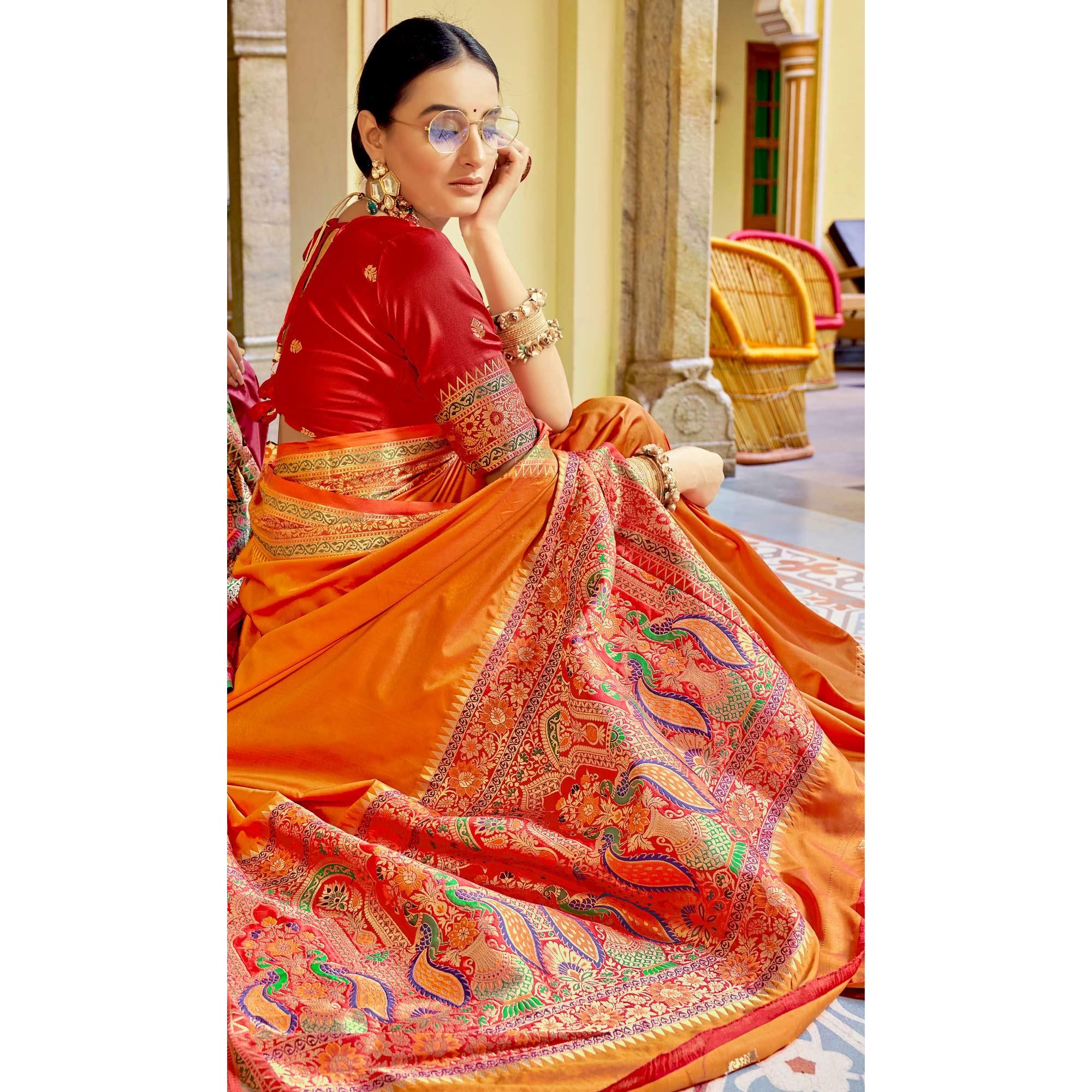 Orange Festive Wear Woven Banarasi Silk Saree - Peachmode