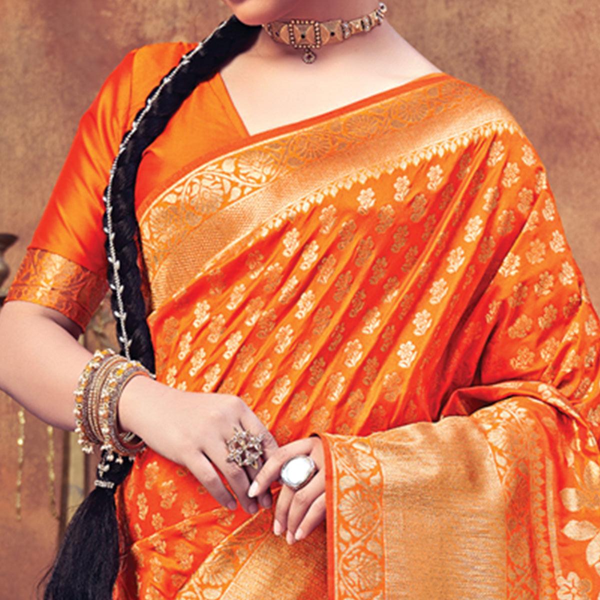 Orange Festive Wear Woven Banarasi Silk Saree - Peachmode