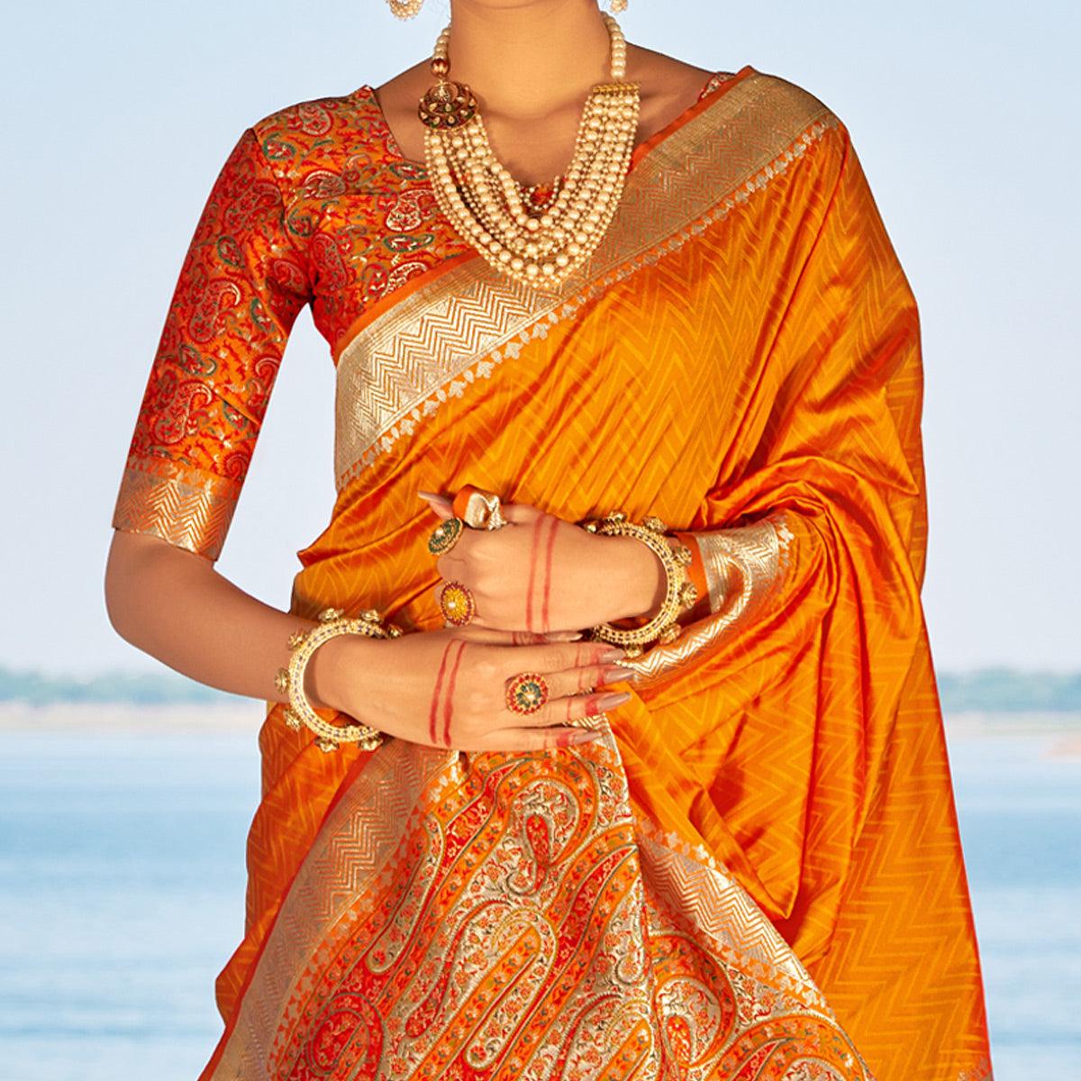 Orange Festive Wear Woven Banarasi Silk Saree - Peachmode