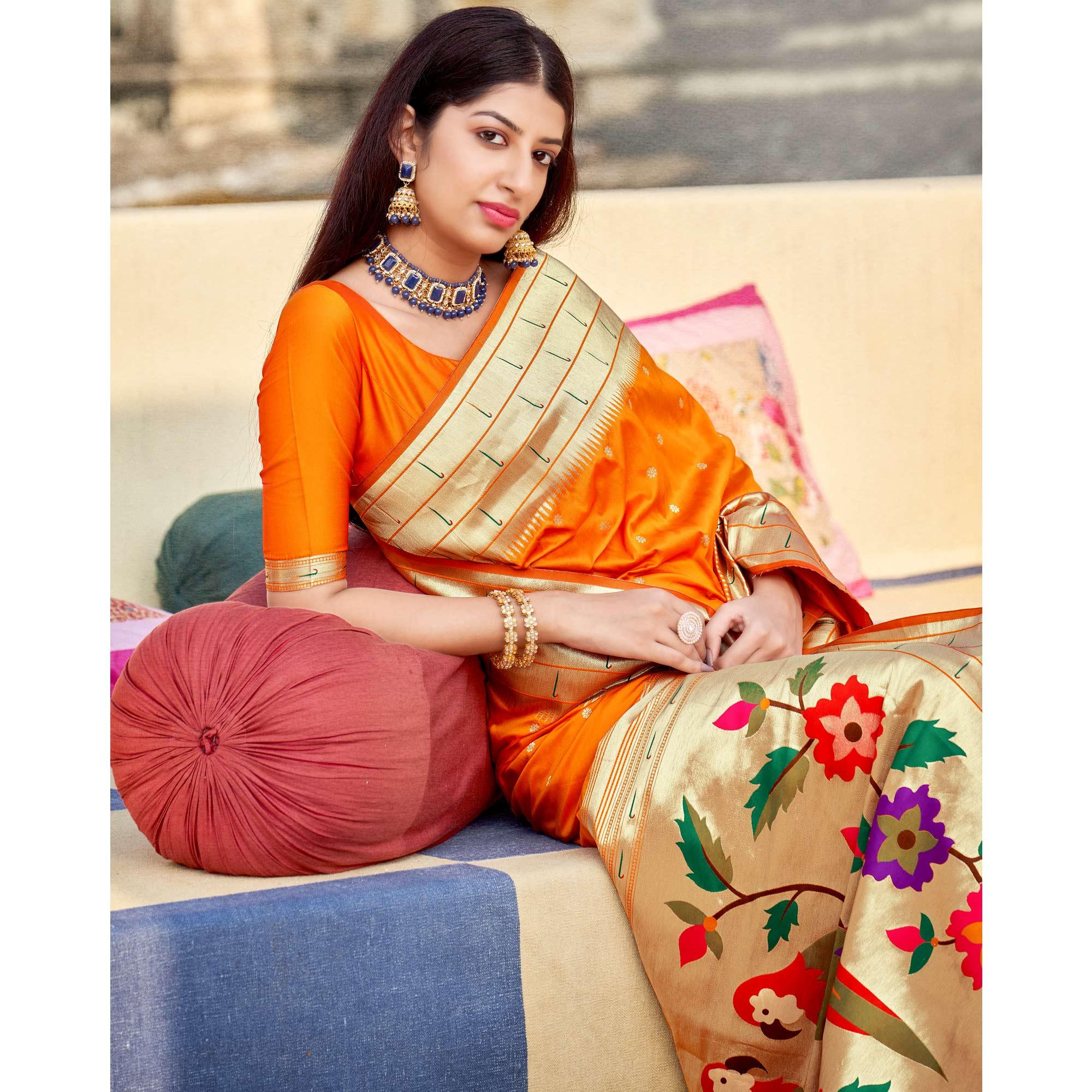 Orange Festive Wear Woven Banarasi Silk Saree - Peachmode